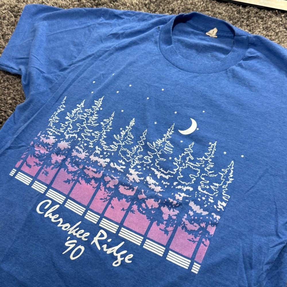 Vintage Screen Stars Cherokee Ridge T-Shirt Mens Blue Fair Marker Back Graphic L